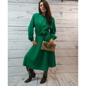 80s emerald green 80s dress with satin applique